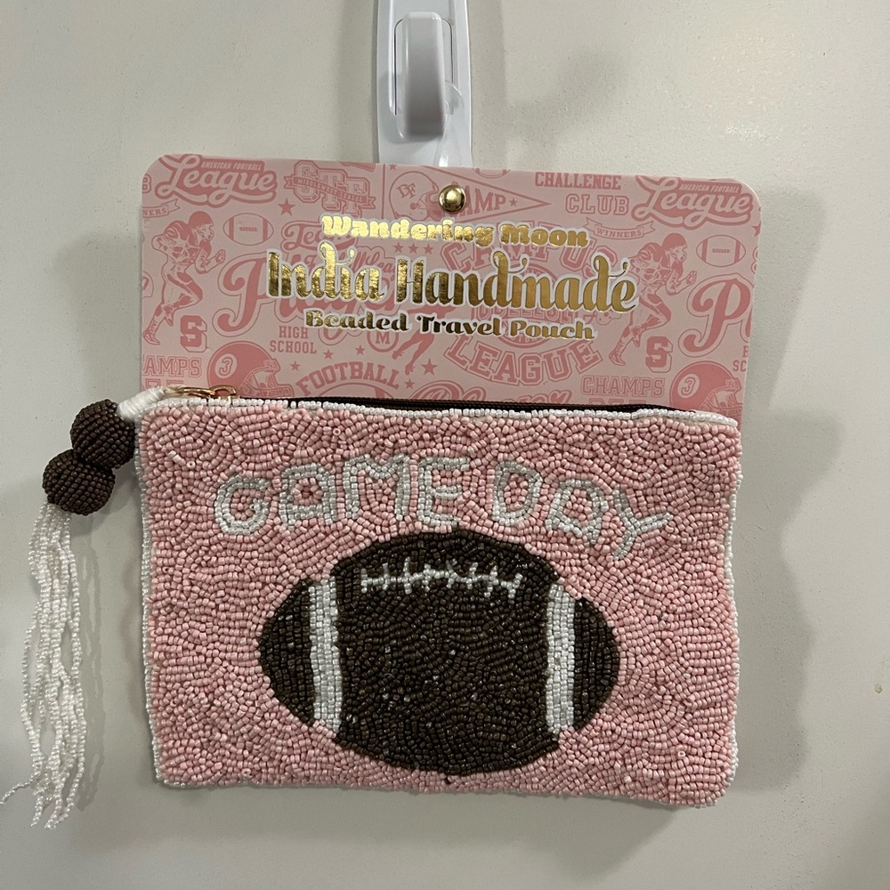 Pink Beaded Travel Pouch with Football Design